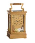 A fine French gilt brass carriage clock with painted porcelain panels and push-button repeat