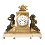 A French Napoleon III bronze, ormolu and white marble figural mantel clock in the Louis XVI style