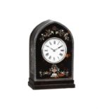 Y A Edwardian silver mounted gold and abalone shell inlaid lancet-shaped mantel clock