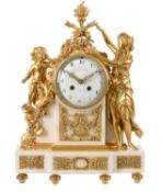 A French Louis XVI style ormolu and white marble figural mantel clock 'Amor loses his weapons'