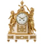 A French Louis XVI style ormolu and white marble figural mantel clock 'Amor loses his weapons'