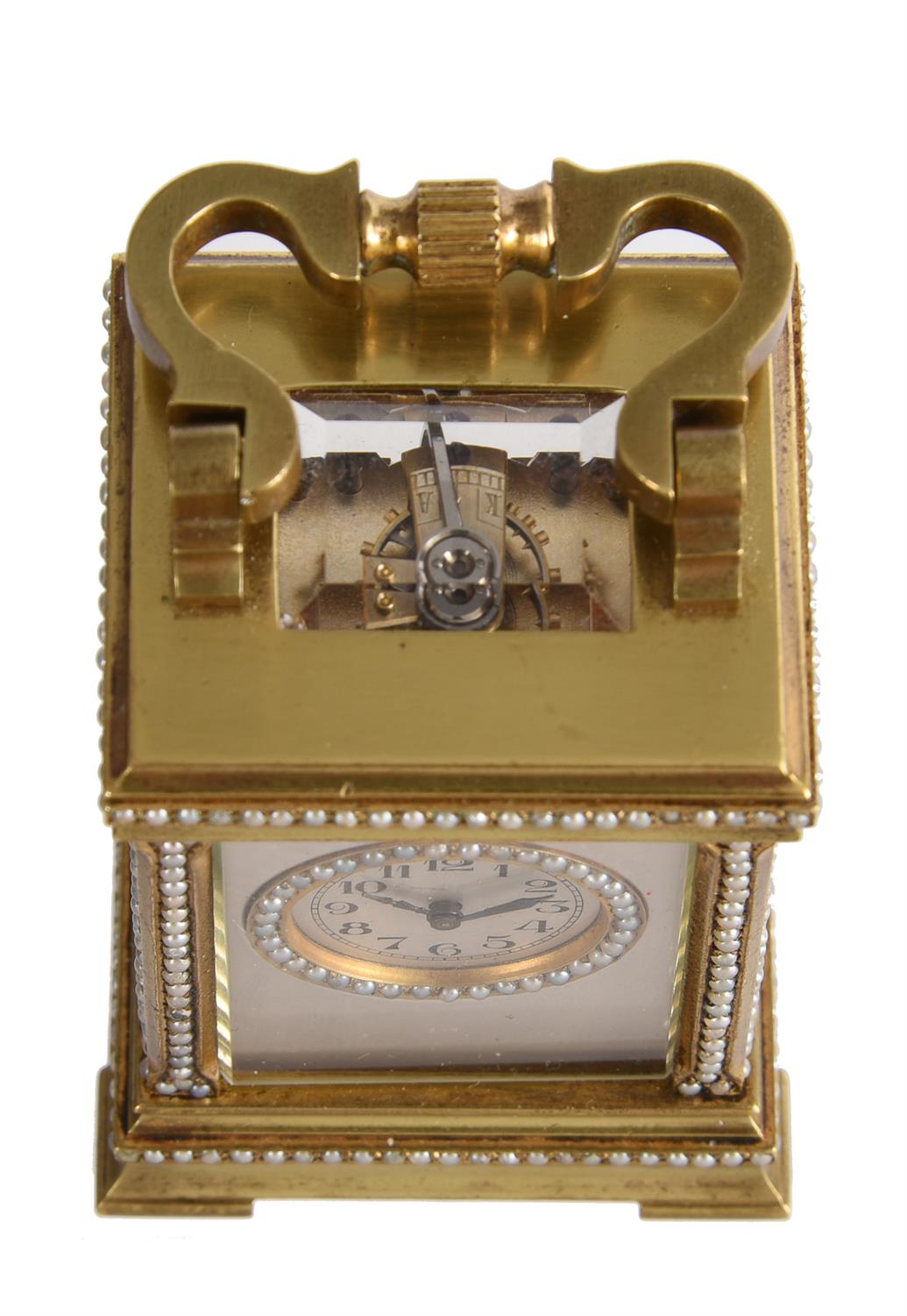 An unusual French split-pearl decorated gilt brass decorated miniature carriage timepiece - Image 3 of 3