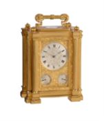 A fine small early Victorian engraved gilt brass small calendar carriage timepiece with twin thermom