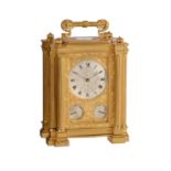 A fine small early Victorian engraved gilt brass small calendar carriage timepiece with twin thermom