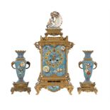 A fine French porcelain inset ormolu ‘Japonaise’ mantel clock garniture