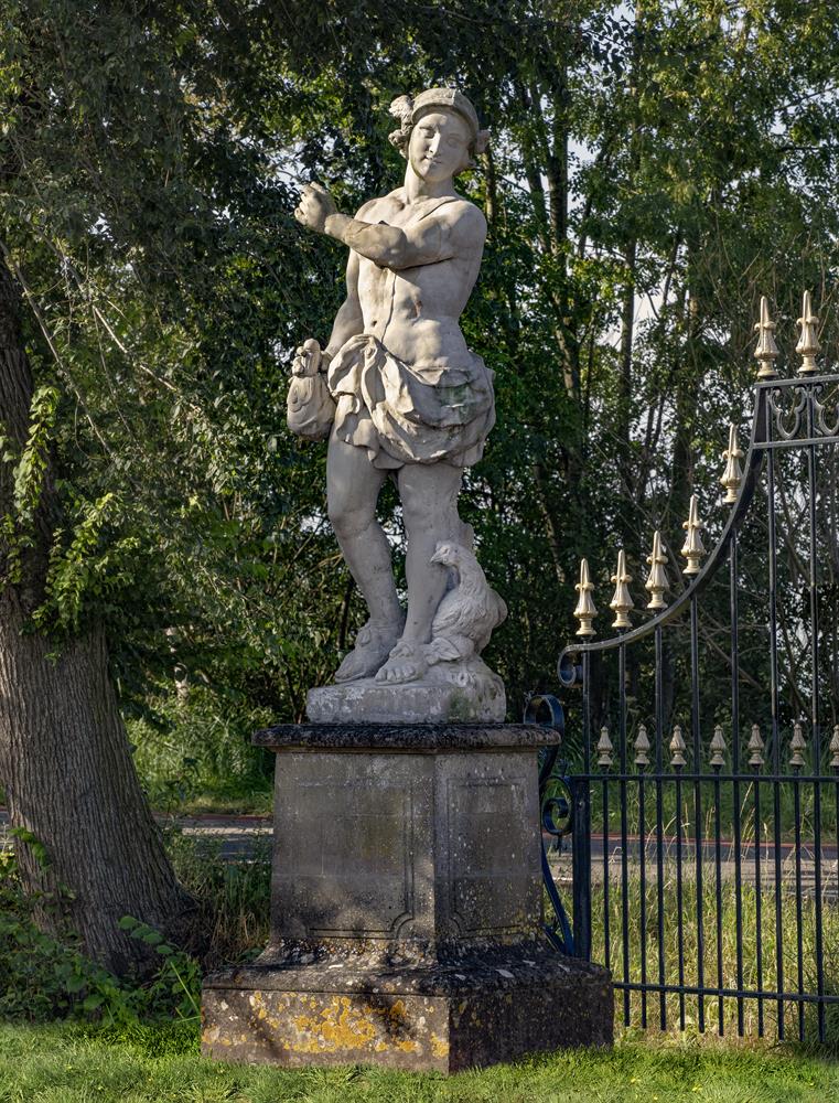 A Continental sculpted limestone group of Mercury and a cockerel