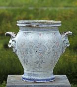 A French emaille enamel decorated twin handled urn