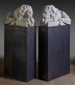 A pair of fine sculpted Carrara marble models of recumbent lions