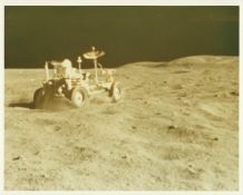 Lunar Rover getting a speed work out by John Young, Apollo 16, April 1972