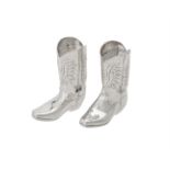 A pair of silver novelty cowboy boot salt and pepper shakers