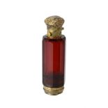 A cased silver gilt and red glass scent bottle and vinaigrette