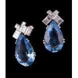 A pair of diamond and aquamarine drop earrings