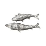 Two silver coloured articulated fish scent bottles