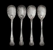 A set of four late George III silver King's pattern serving spoons by William Eley & William Fearn