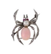 An early 20th century conch pearl, diamond, ruby and pearl spider brooch