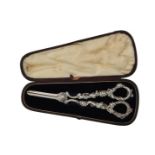 A cased pair of Victorian silver grape scissors by Yapp & Woodward