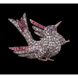 An early 20th century diamond, ruby and sapphire bird brooch