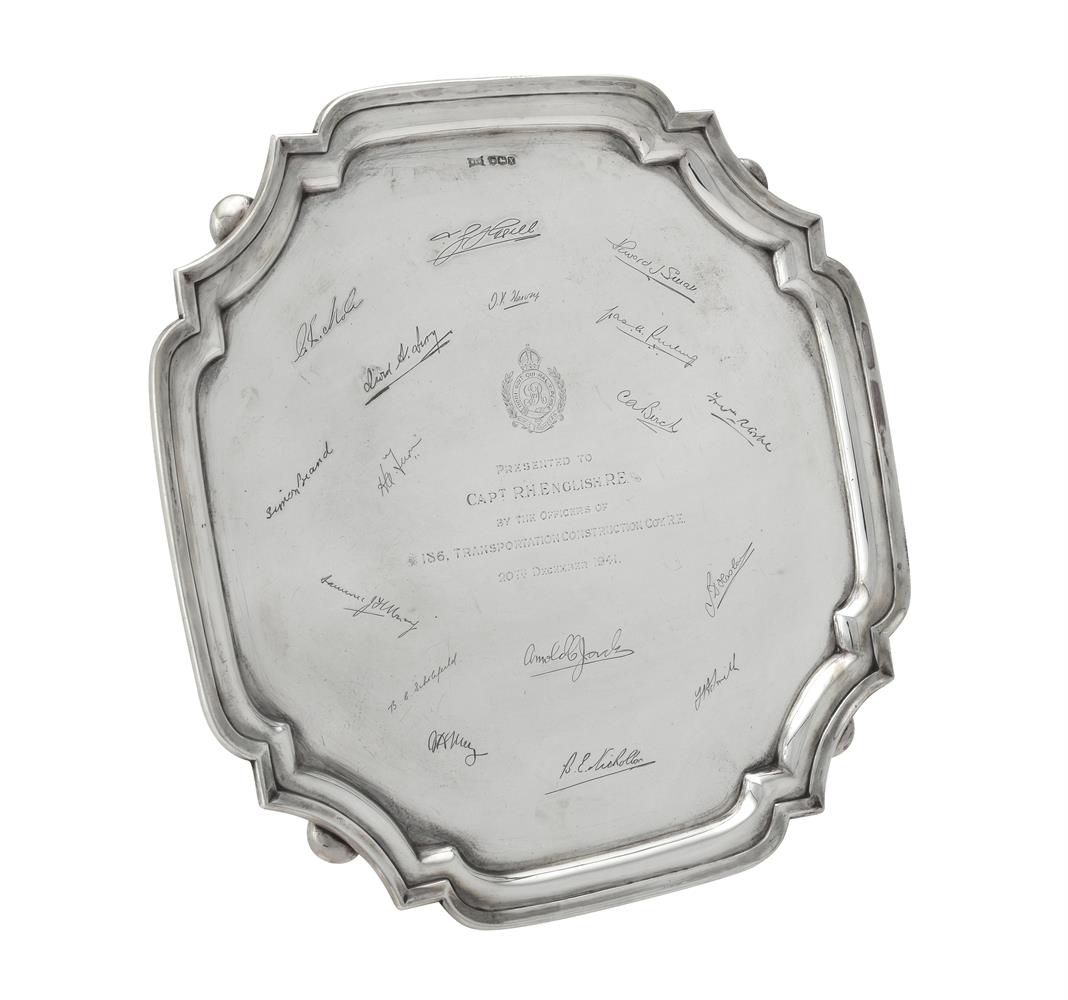 A silver shaped square salver by Walker & Hall