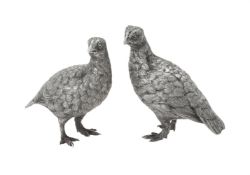 A pair of cast silver models of quails by Tessiers Ltd.