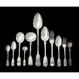 A collection of assorted silver fiddle pattern spoons