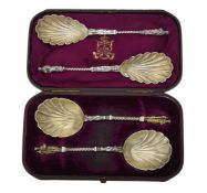 A cased pair of Victorian silver apostle spoons by Martin Hall & Co.