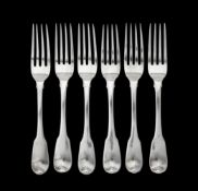 A set of six George III silver fiddle pattern table forks by William Eley, William Fearn & William C