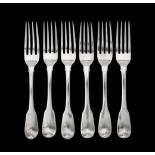 A set of six George III silver fiddle pattern table forks by William Eley, William Fearn & William C