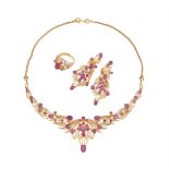 A ruby necklace, ring and ear pendant suite