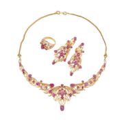 A ruby necklace, ring and ear pendant suite