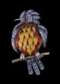 A mid 20th century Portuguese enamel and diamond stonechat brooch