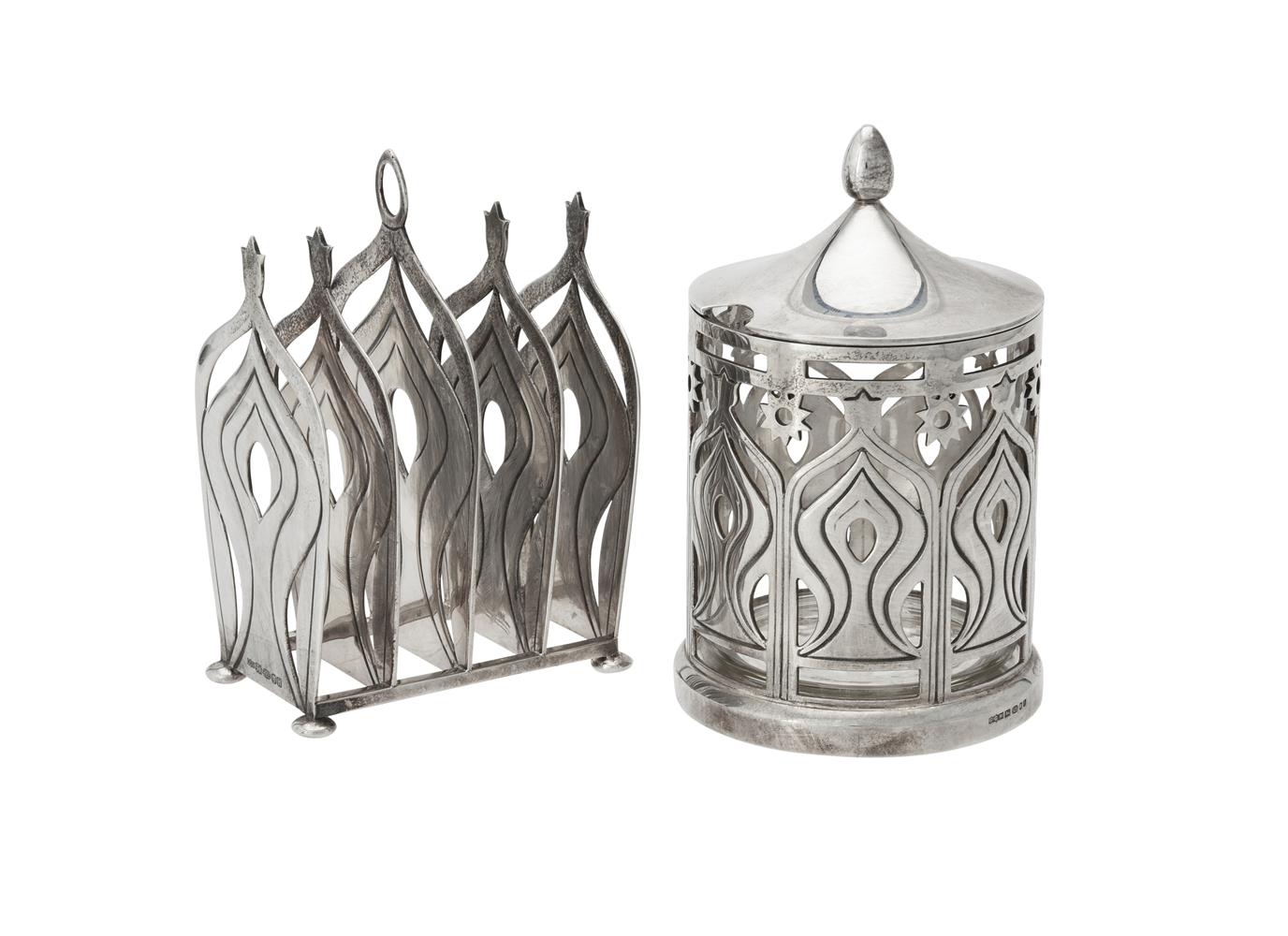 A silver toast rack and jam jar by Grant MacDonald Silversmiths