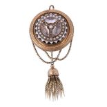 A mid Victorian rock crystal, half pearl and enamel tassel brooch/pendant