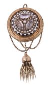 A mid Victorian rock crystal, half pearl and enamel tassel brooch/pendant