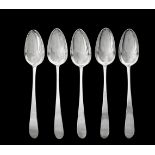 A set of five George Irish silver pointed Old English pattern table spoons by John Pittar