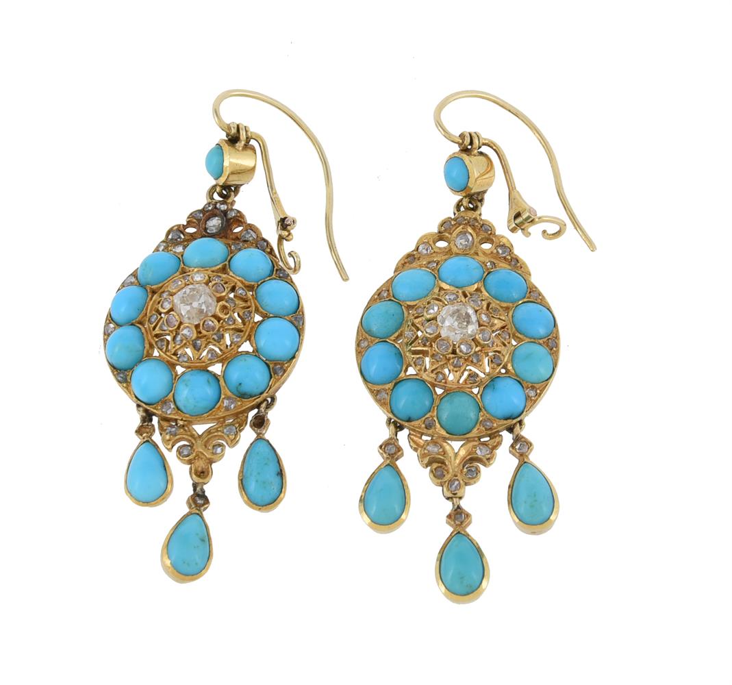 A pair of early 20th century turquoise and diamond ear pendants