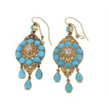 A pair of early 20th century turquoise and diamond ear pendants