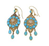 A pair of early 20th century turquoise and diamond ear pendants