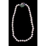 A cultured pearl necklace with multi gem set clasp