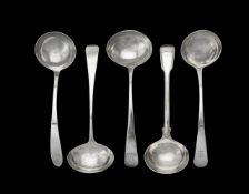 A set of three George III silver Old English pattern sauce ladles by George Smith (III) & William Fe