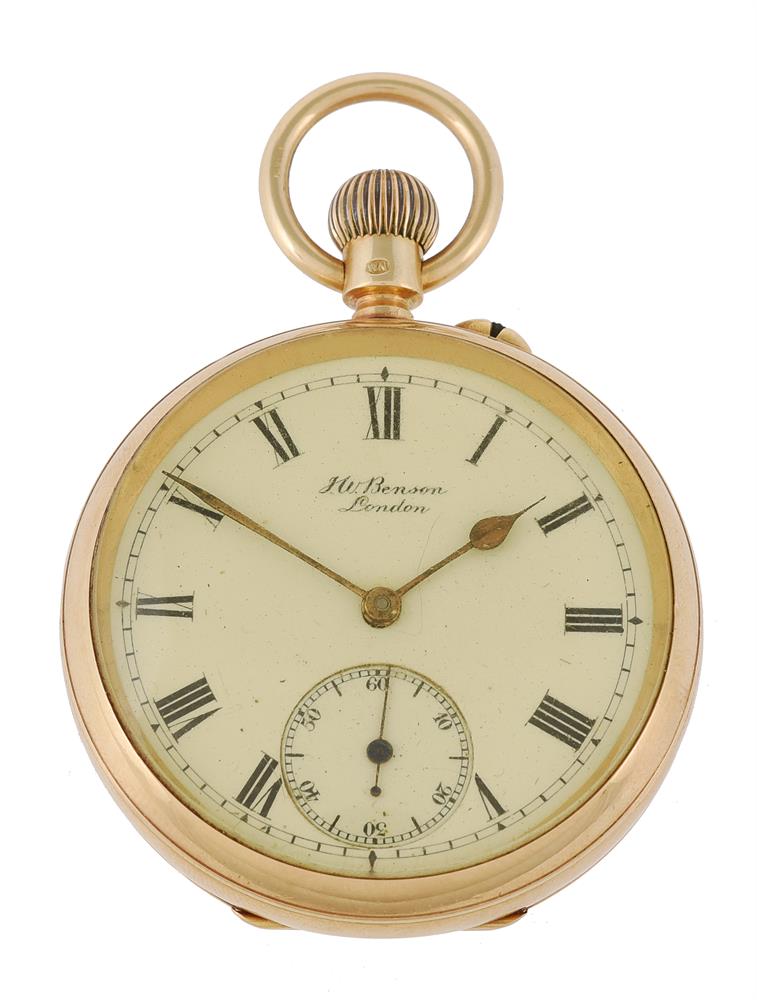 J. W. Benson, 18 carat gold keyless wind open face pocket watch