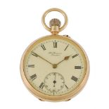 J. W. Benson, 18 carat gold keyless wind open face pocket watch