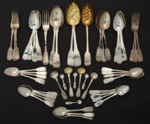 A collection of silver and silver coloured fiddle pattern flatware