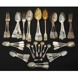 A collection of silver and silver coloured fiddle pattern flatware