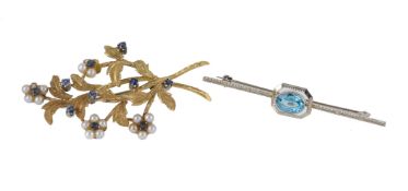 A sapphire and cultured pearl floral spray brooch