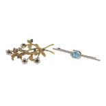 A sapphire and cultured pearl floral spray brooch