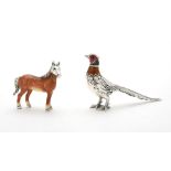 A silver coloured and enamel model of a pheasant