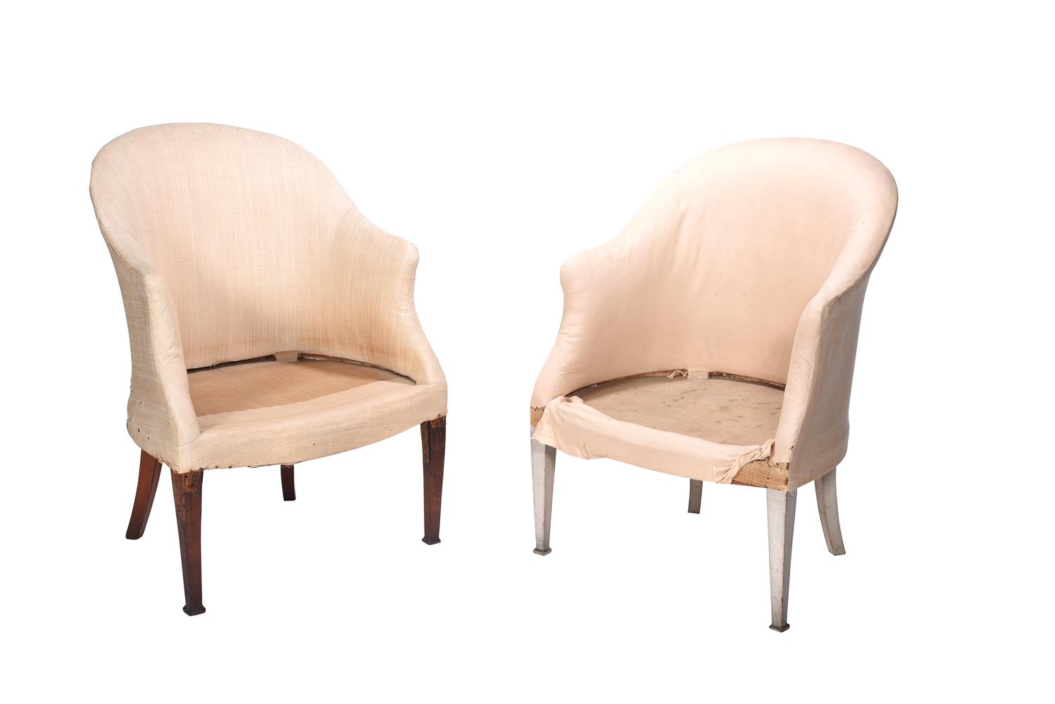 A near pair of mahogany and painted tub armchairs