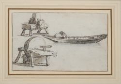 Attributed to Herman Saftleven (Dutch 1609-1685), A study of two grindstones and a boat