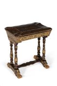 A Chinese black and gilt lacquered chinoiserie painted work table