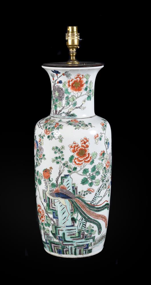 A Chinese Famille Verte rouleau vase